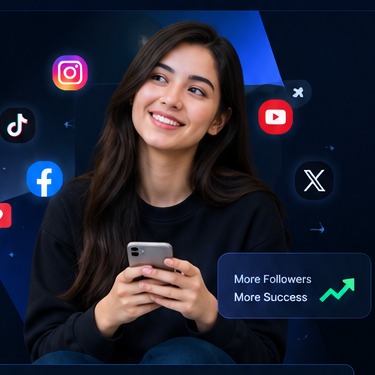Smiling woman using a smartphone with social media icons